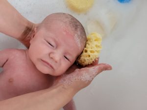 new-born baby boy having a sponge bath