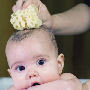 ellie-fant natural baby sea sponge on a baby's head