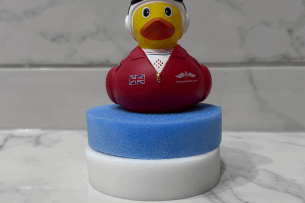 Rubber ducky on Ramer white and blue supersoft baby sponges